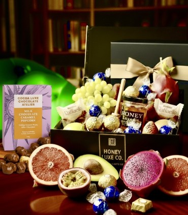 Golden Harvest Elegance Hamper | Fruit, Honey, Chocolates & Gourmet Popcorn | Honey Luxe Co.